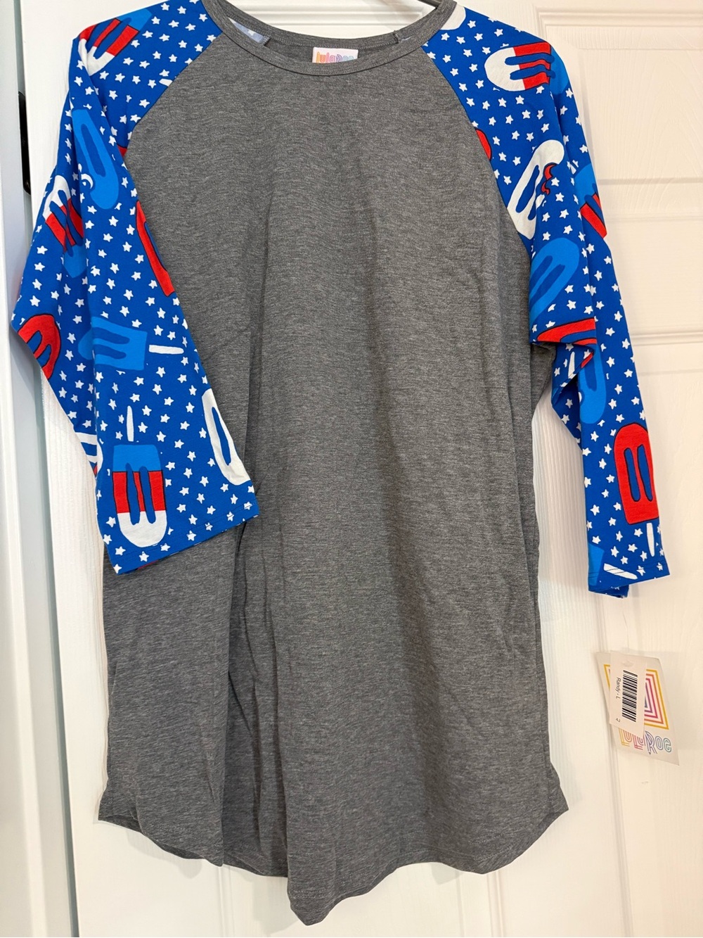 LuLaRoe Randy Grey Tunic with Blue, Red & White Popsicle Raglan Sleeves